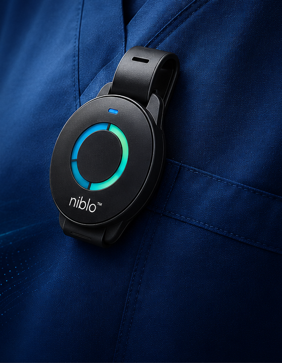 Concept render of Niblo Loop clipped to clinical scrubs